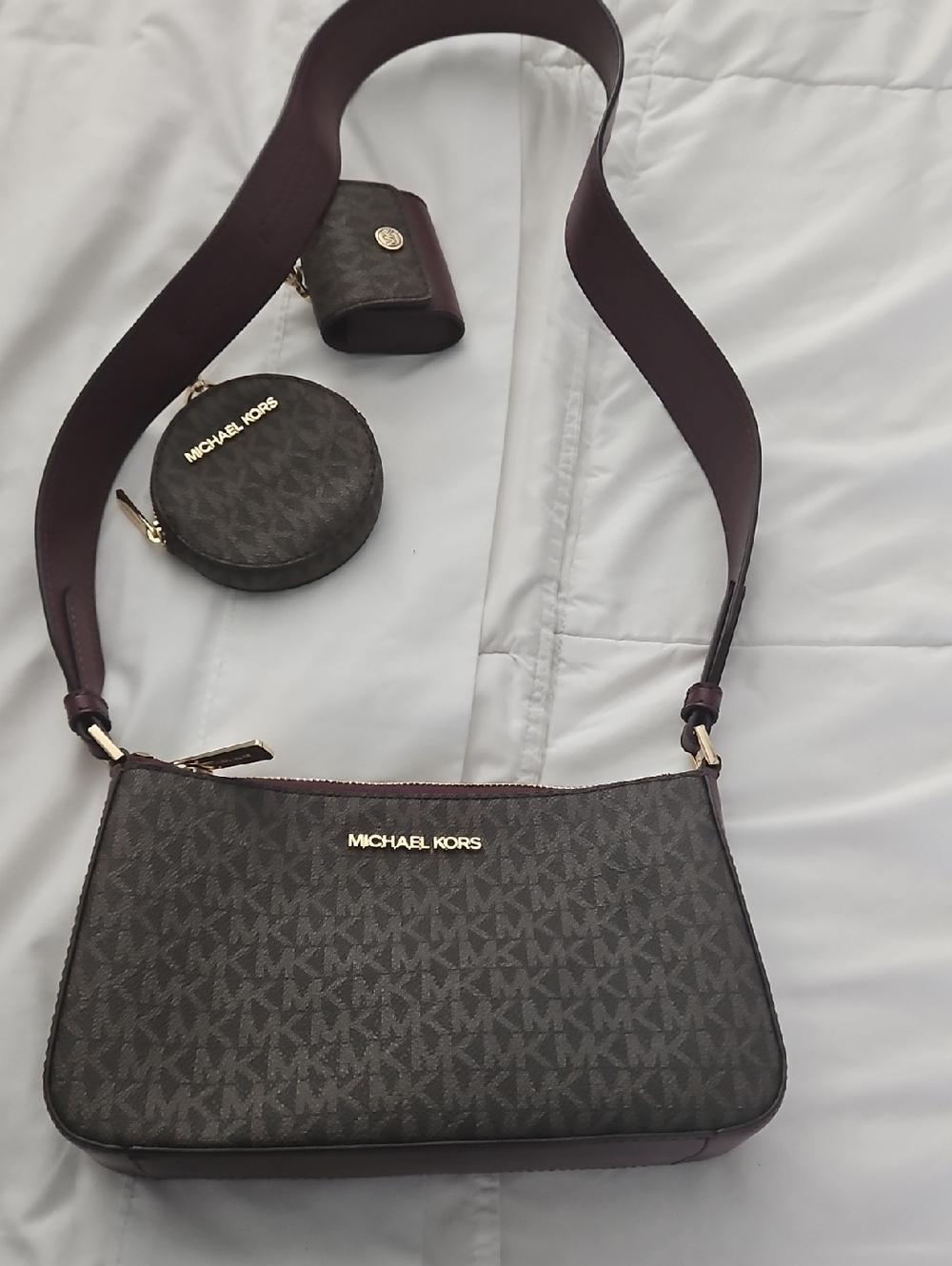 Michael Kors Dark Brown And Maroon Crossbody With with Coin Pouch and Key Case